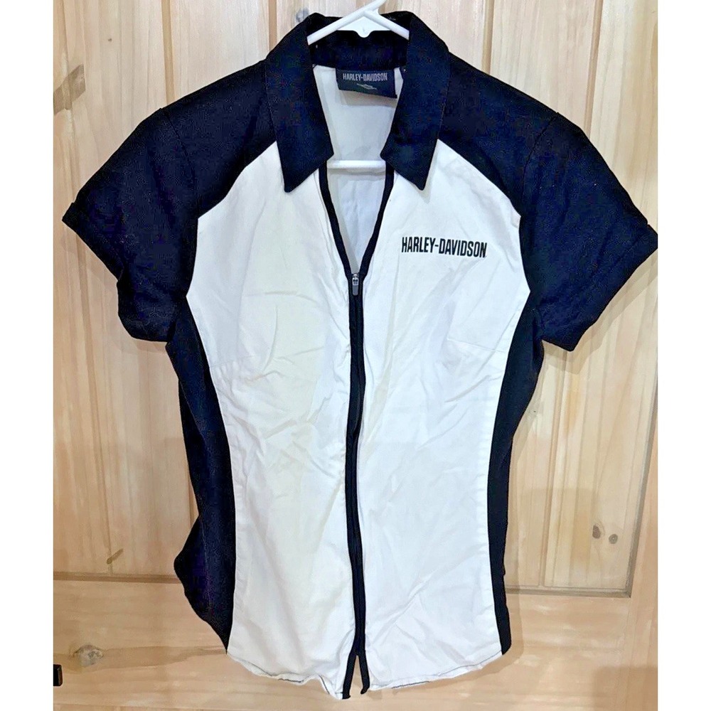 Harley-Davidson Women's S Full Zip Shirt Black White Colorblock Logo Moto